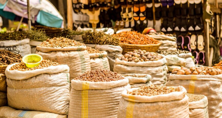 Sacks of seeds and cereals at a market stall