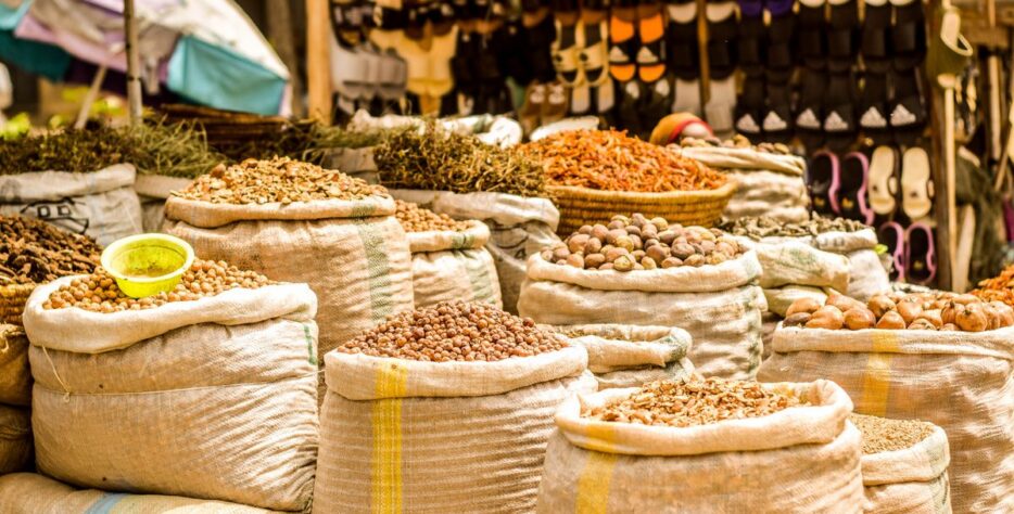 Sacks of seeds and cereals at a market stall