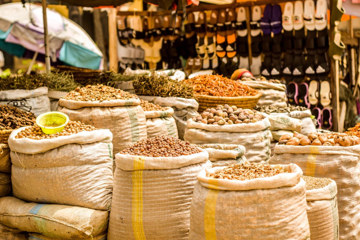Sacks of seeds and cereals at a market stall